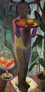Child with goldfish glass