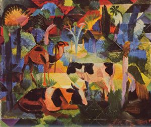 Landscape with cows and camels