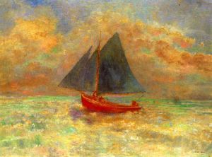 Red Boat with blue sail