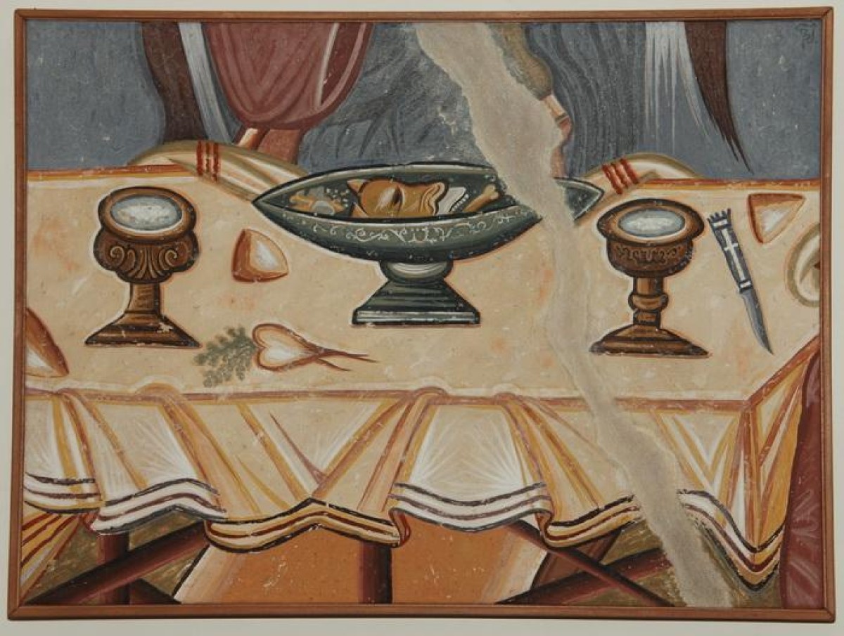Serbia, Dj.Stubovi, Holy Trinity, detail- Table with food, copy of the fresco