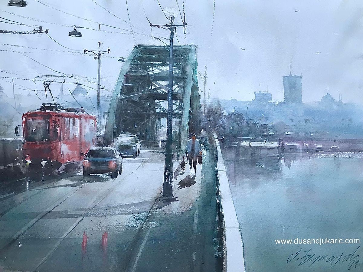 Tram on old bridge