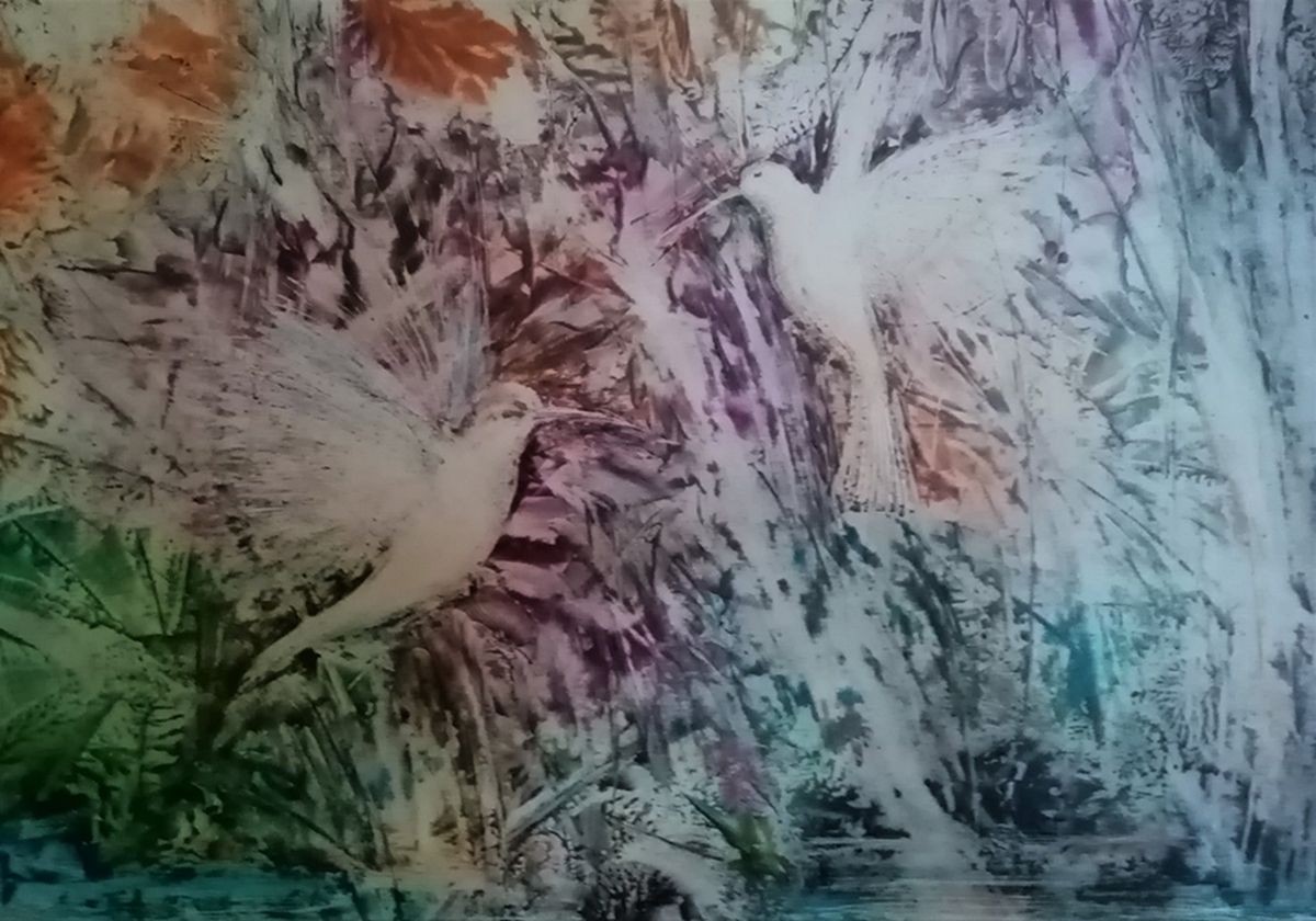 Hummingbirds in the game - Encaustic technique