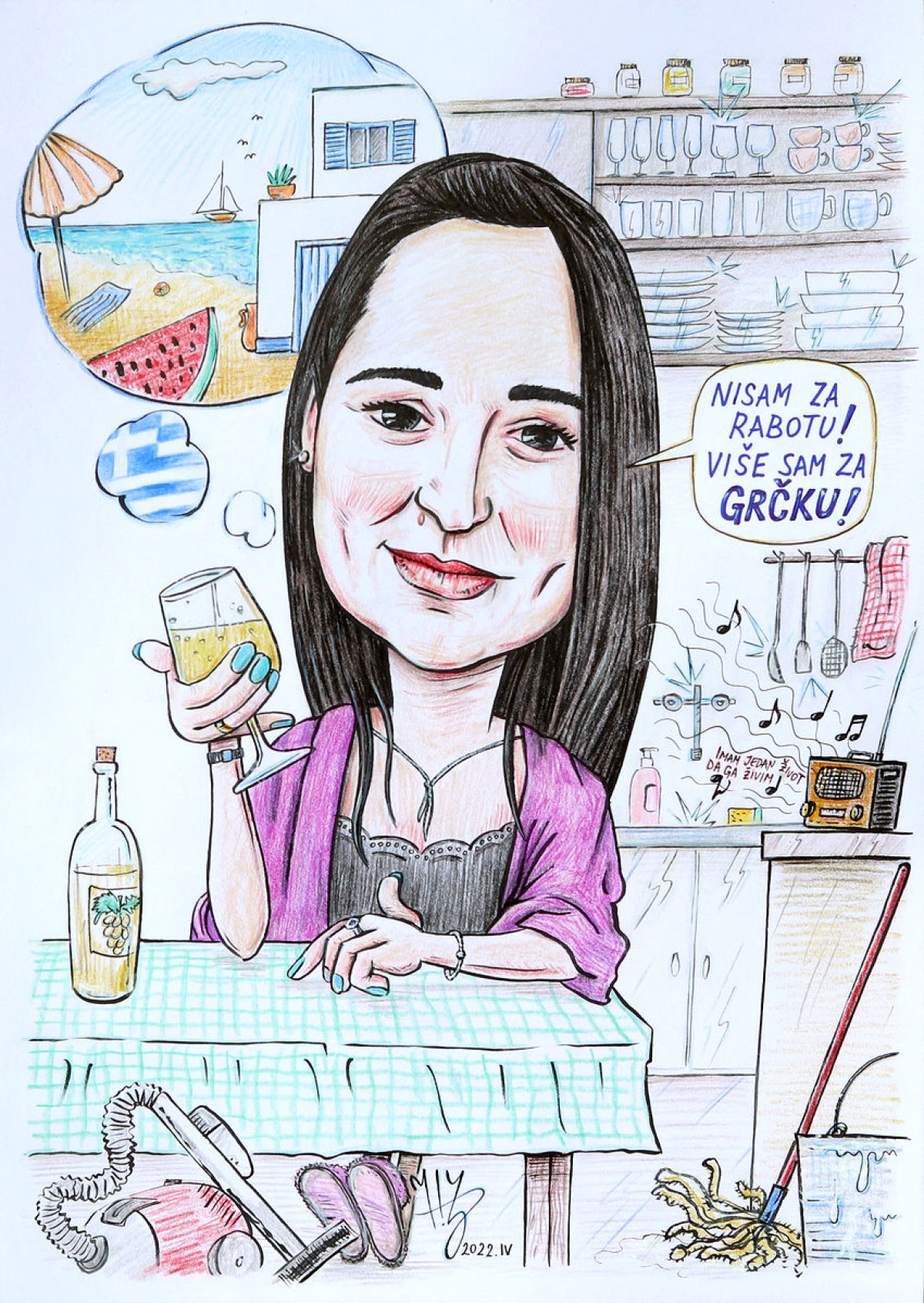Portrait-caricature `Daydreaming about vaccation in Greece`