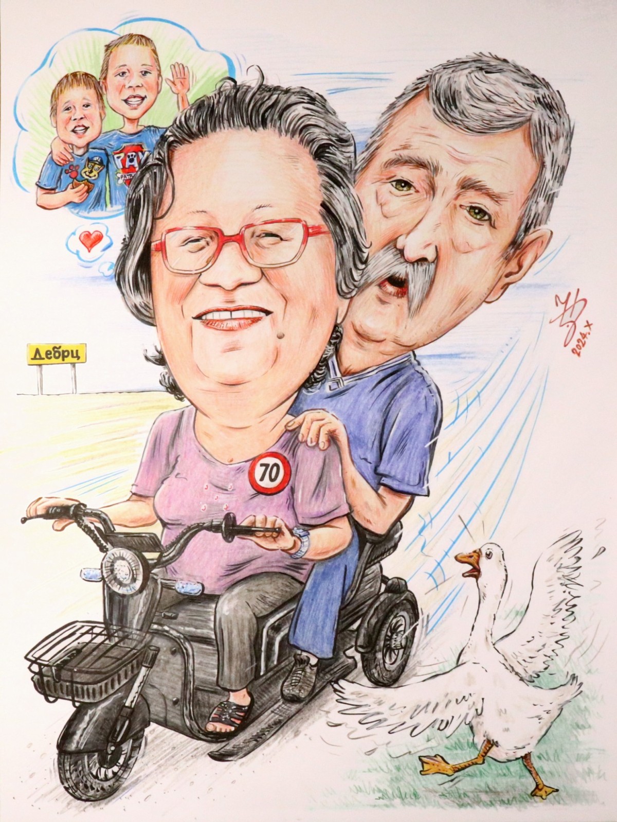 GRANDPARENTS ON THE MOTORCYCLE - PORTRAIT CARICATURE
