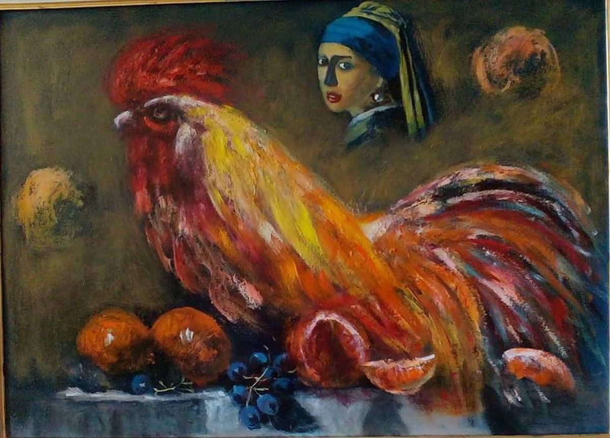 a girl with a rooster