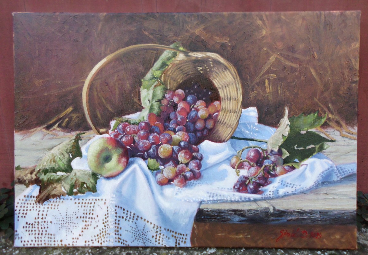 Still life with a basket- oil on canvas, 35x50cm