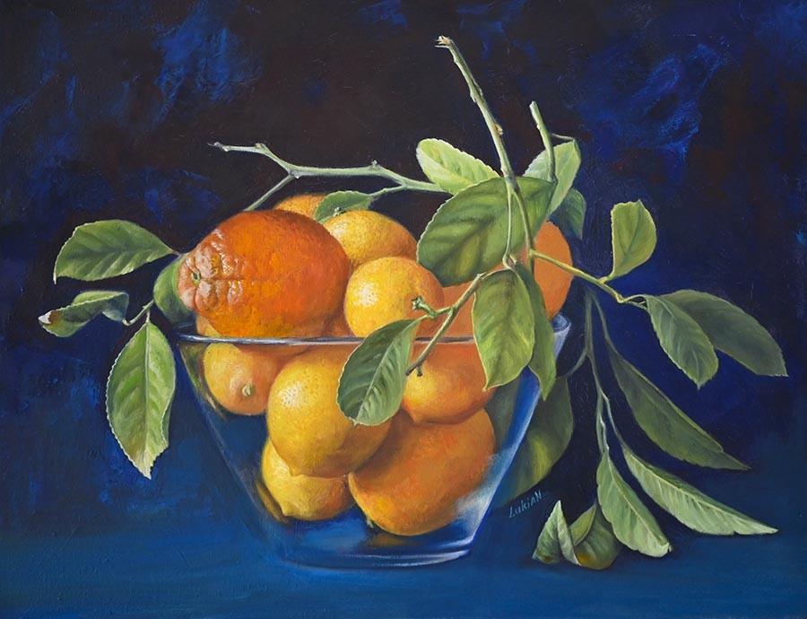 Orange and Lemons in a Glass Bowl