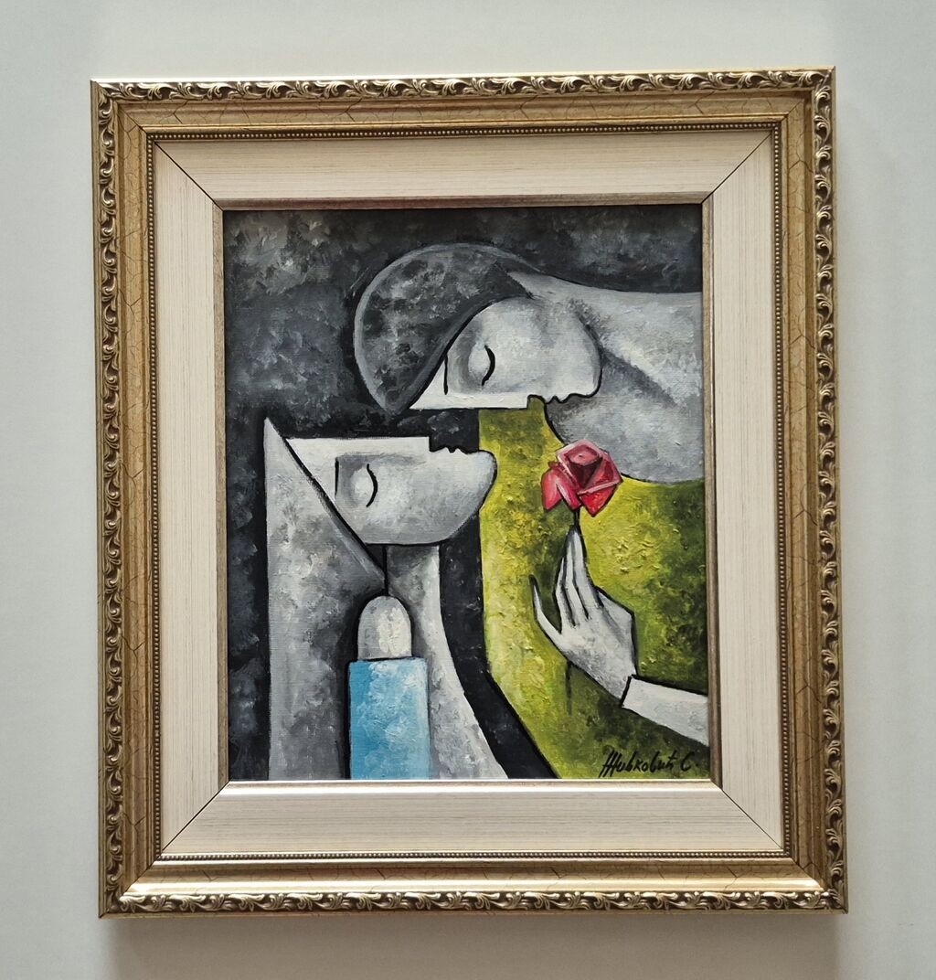 Oil on canvas - A little courtship, a beautiful picture