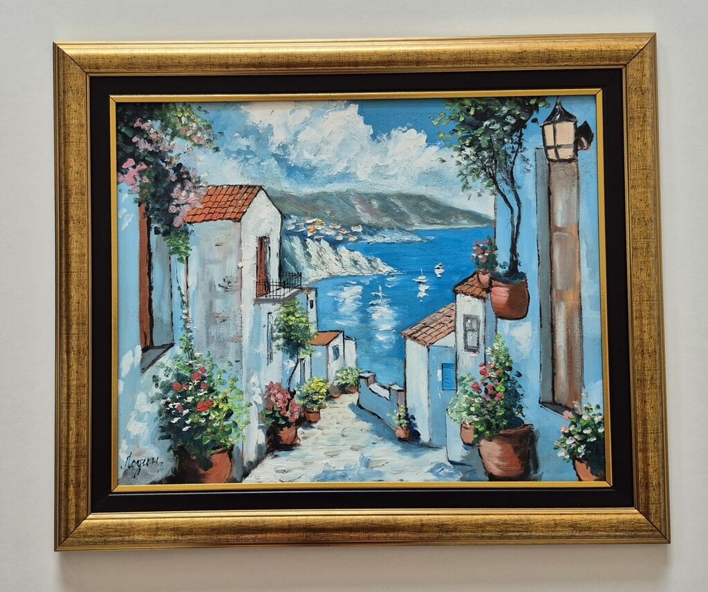 Oil on hardboard - Mediterranean view, beautiful
