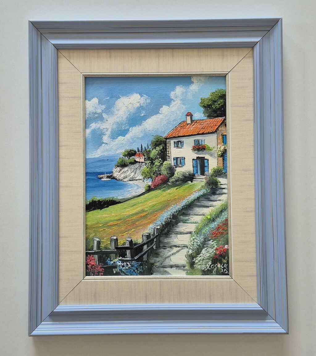 Oil on canvas - An oasis of peace by the sea, beautiful