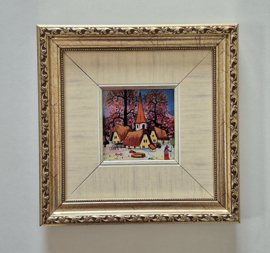Naiva, oil on glass - Village and Spring 14 - Rare