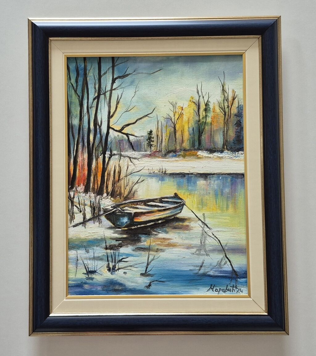 Oil on canvas - Winter, river and boat
