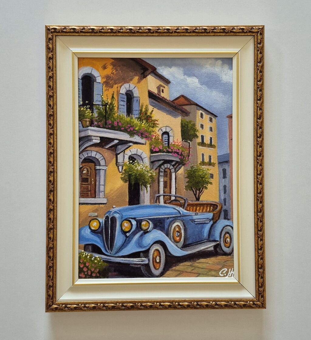 Oil on canvas - Old car, beautiful