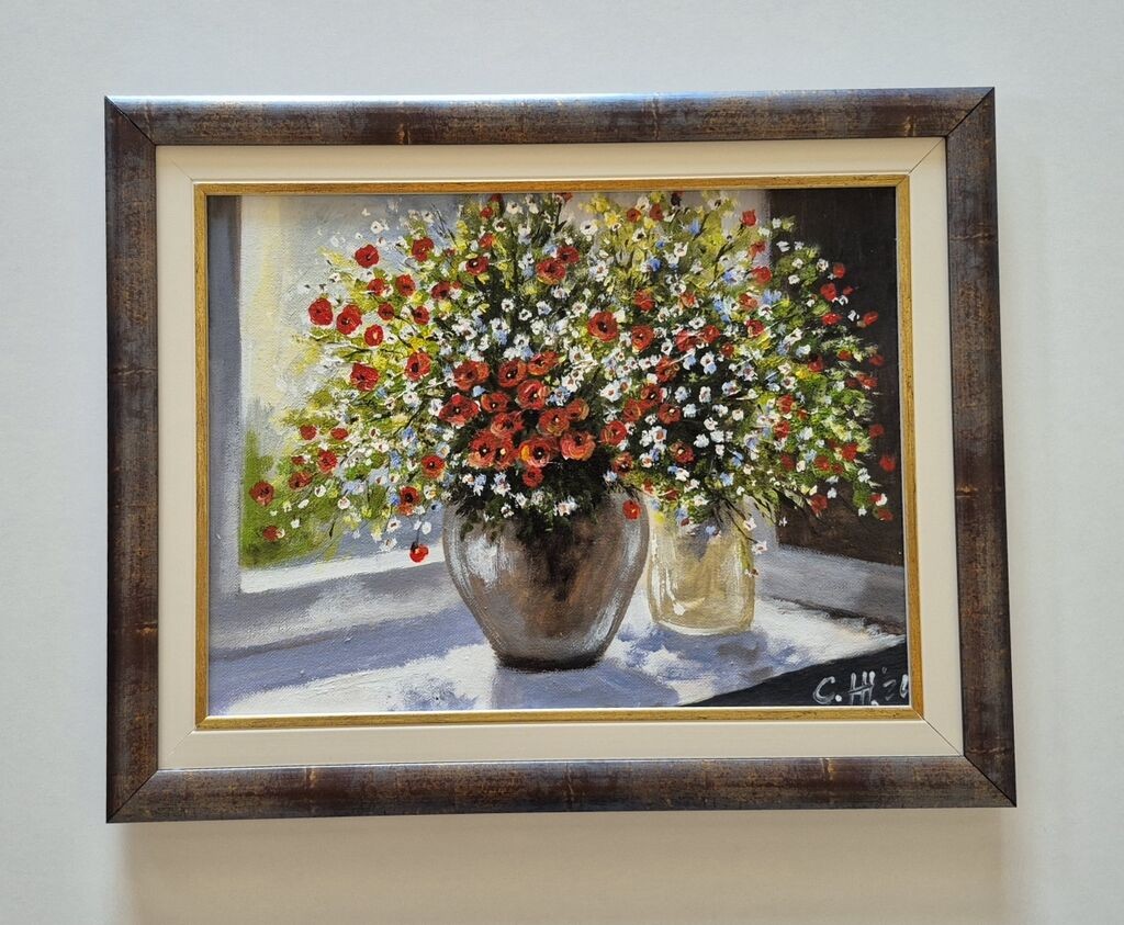 Oil on canvas - Flowers by the window, beautiful picture