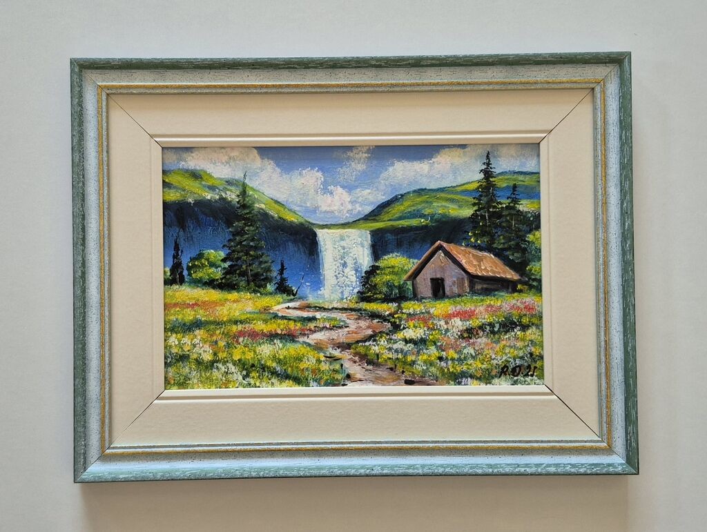 Oil on hardboard - Oasis by the waterfall