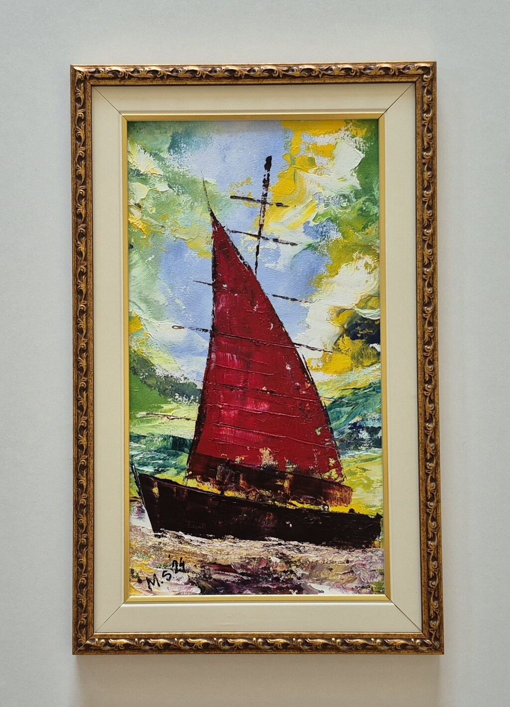 Oil on canvas - A ship with a red sail
