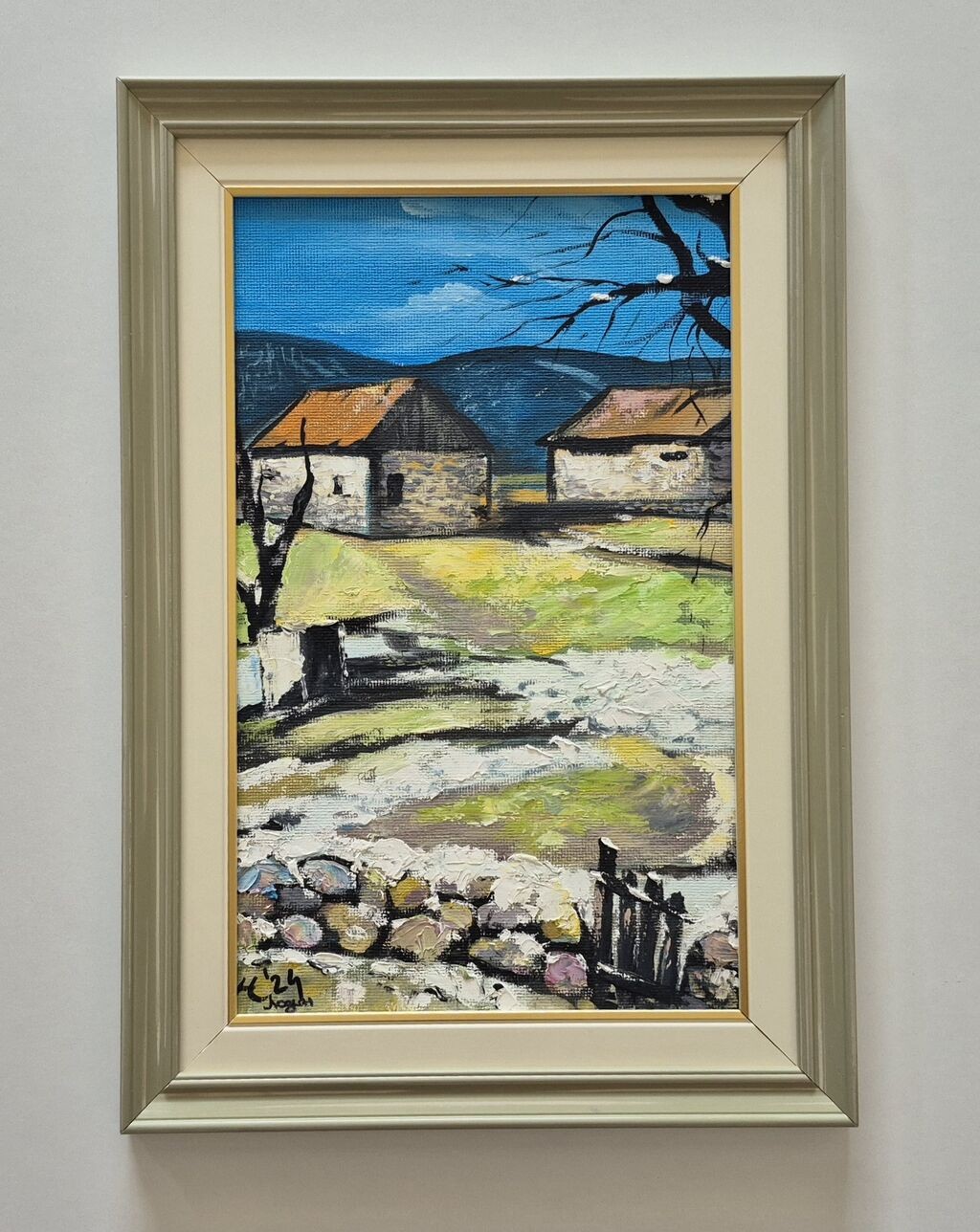Oil on hardboard - Houses in the village 2, beautiful painting
