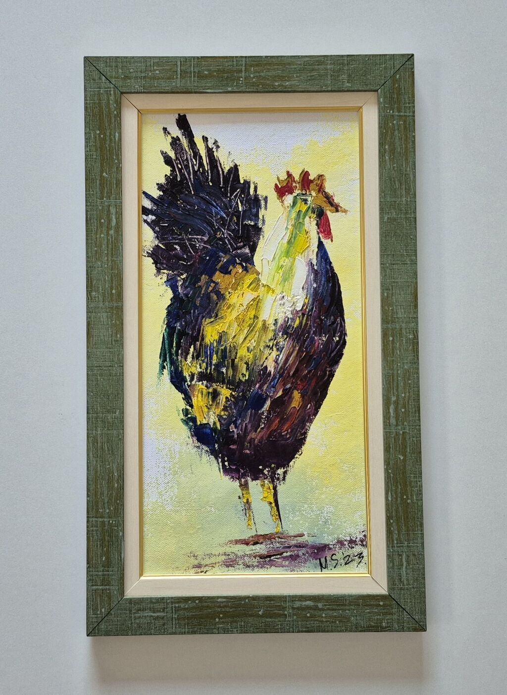 Oil on canvas - Proud rooster, beautiful picture