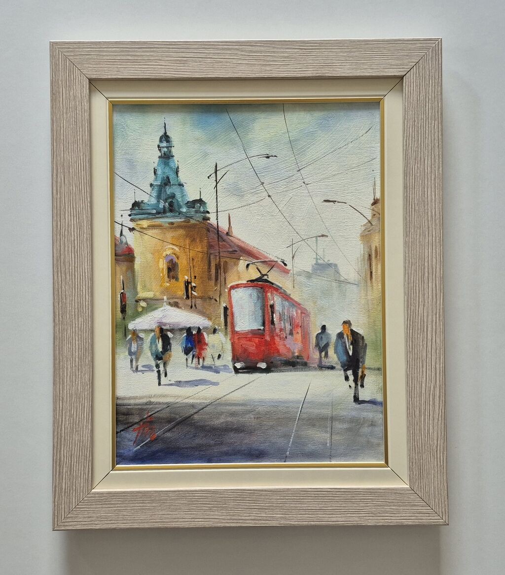 Oil on canvas - Tram in Belgrade, beautiful