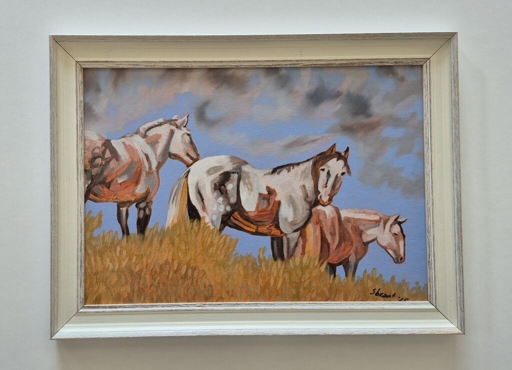 Oil on cardboard - Horses grazing, beautiful