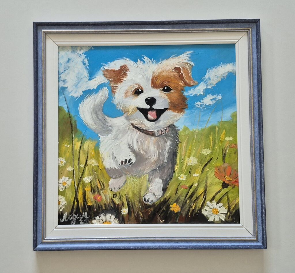 Oil on board - Happy dog, beautiful picture