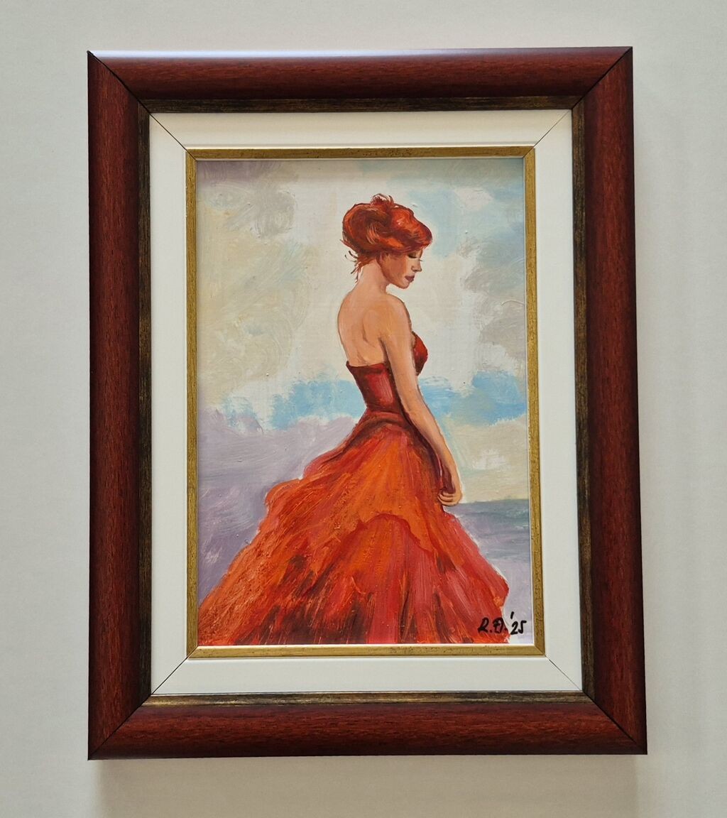 Oil on board - Girl in a red dress