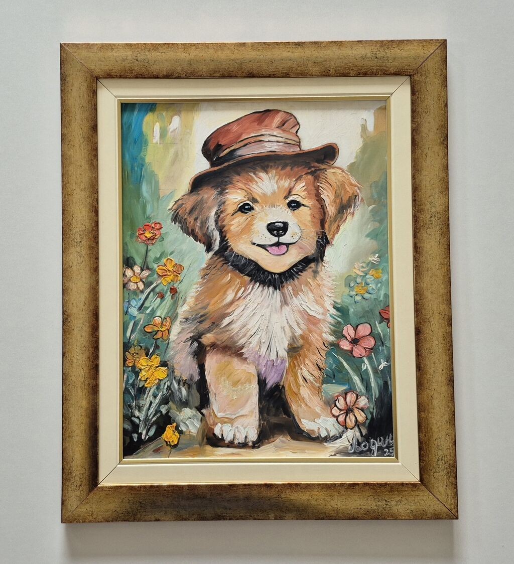 Oil on board - Dog in flowers, beautiful painting