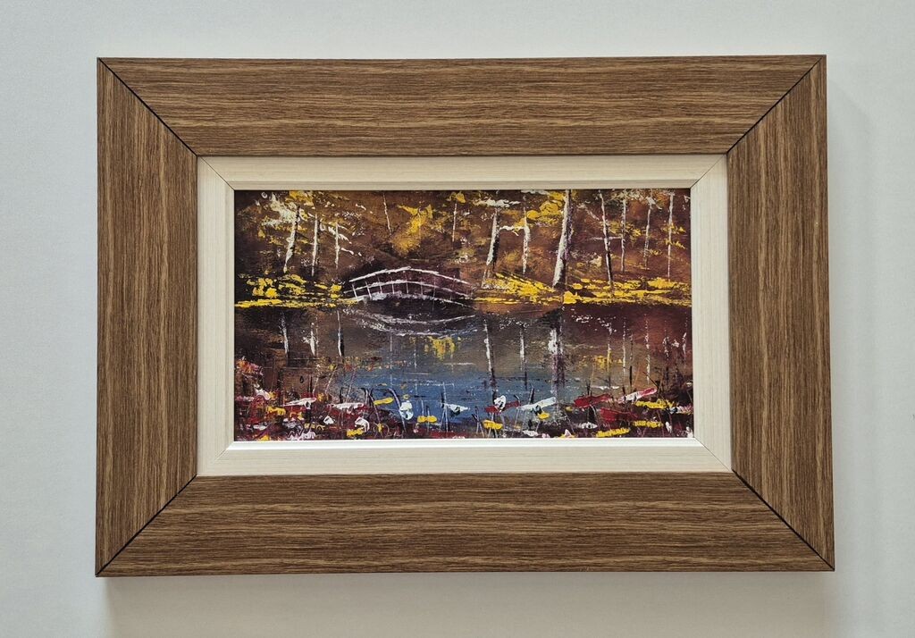 Oil on canvas - Bridge in the forest, beautiful picture