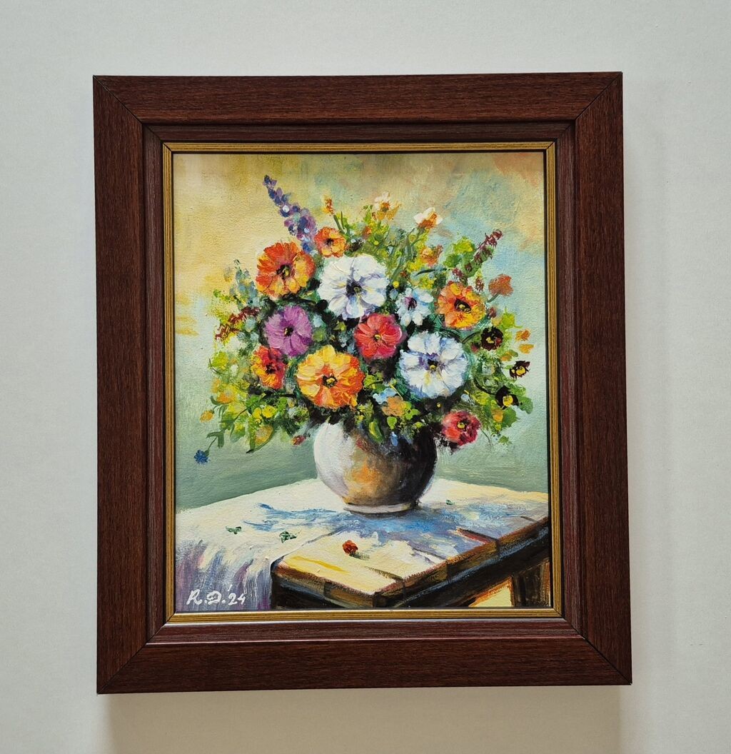 Oil on hardboard - Vase with flowers on the table