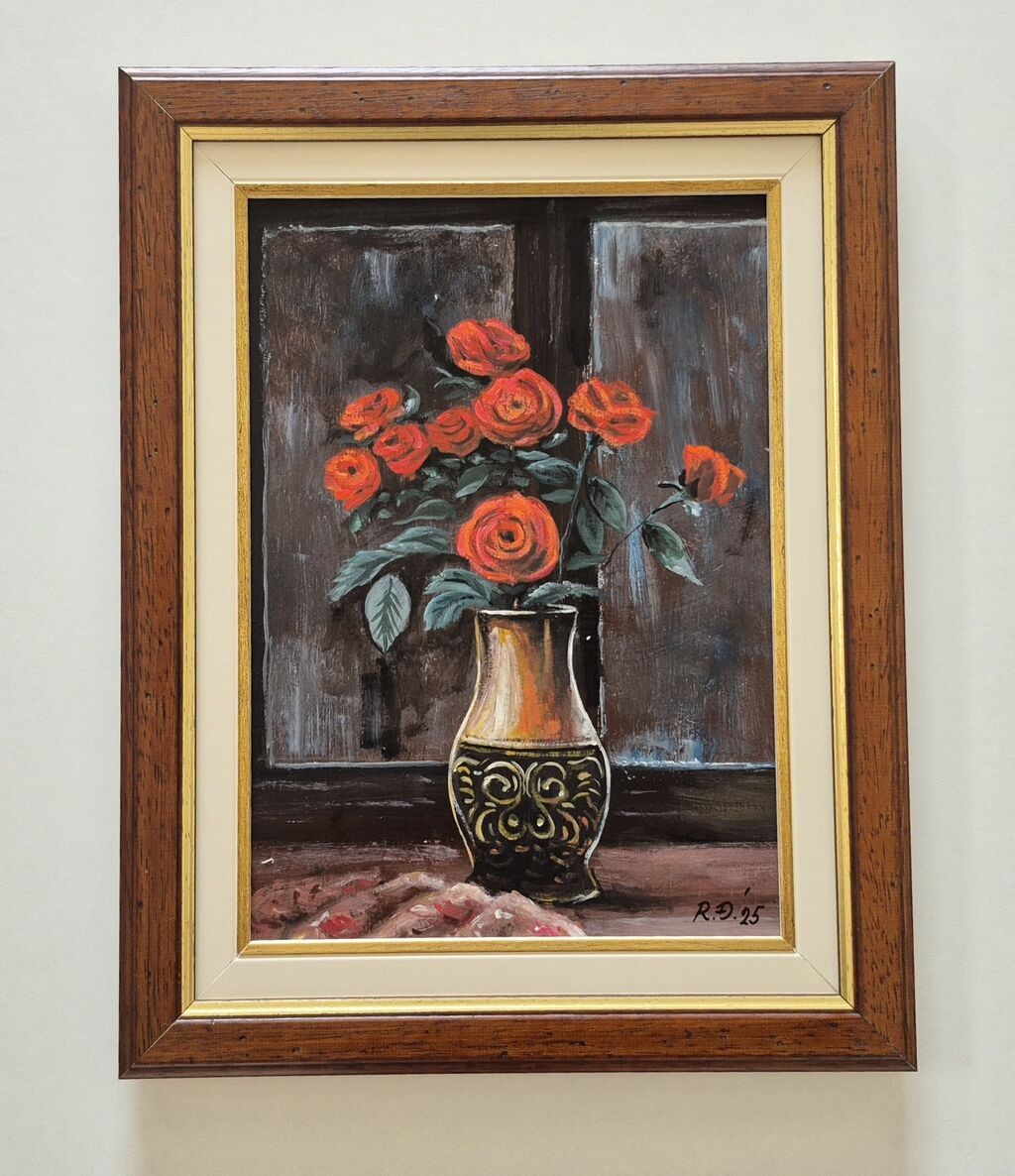 Oil on board - Old vase with red flowers
