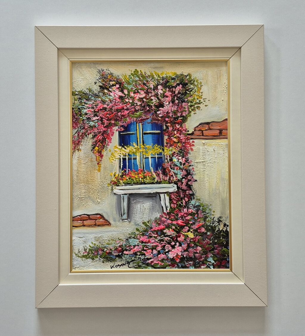 Oil on canvas - Terrace in flowers, beautiful picture