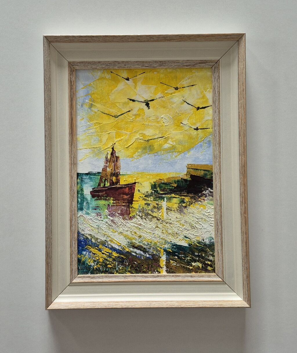 Oil on canvas - Birds above the sea, beautiful picture