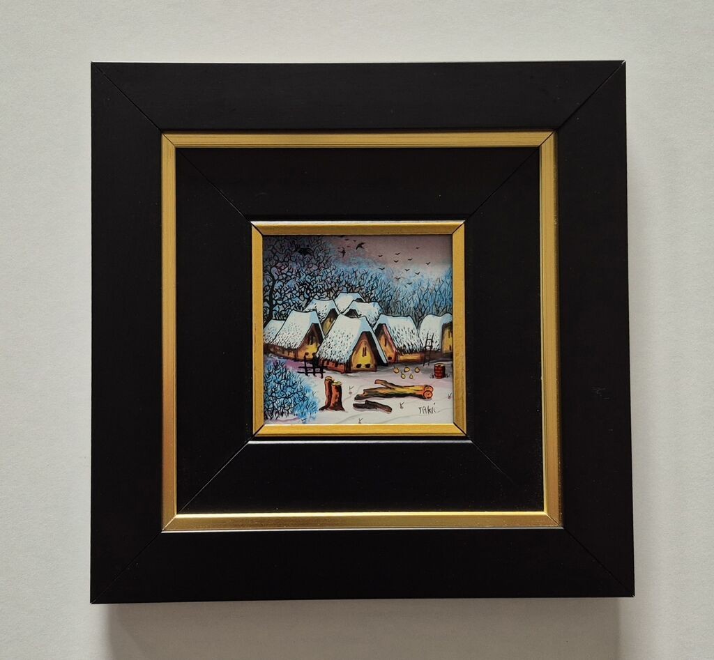 Naiva, oil on glass - Houses in the snow - Miniature