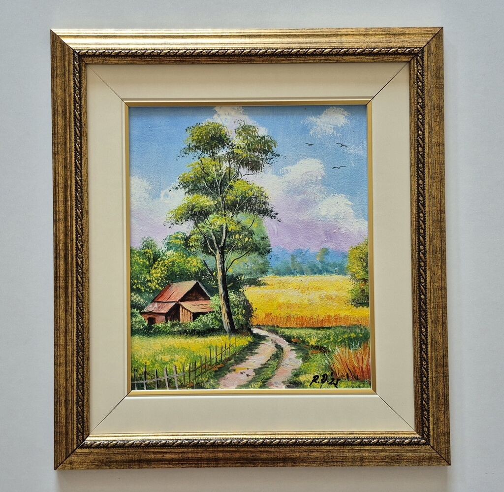 Oil on hardboard - Summer day in the village, beautiful