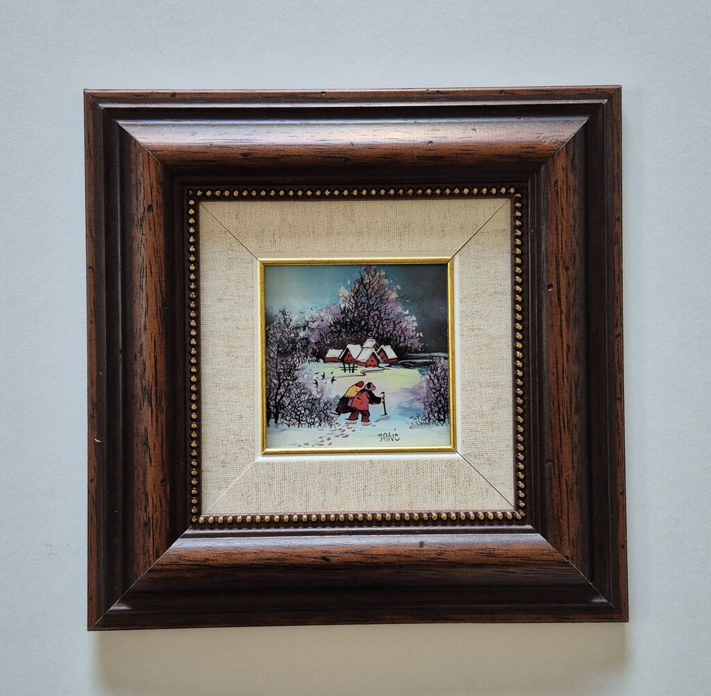 Naiva, oil on glass - Winter in the village - Miniature
