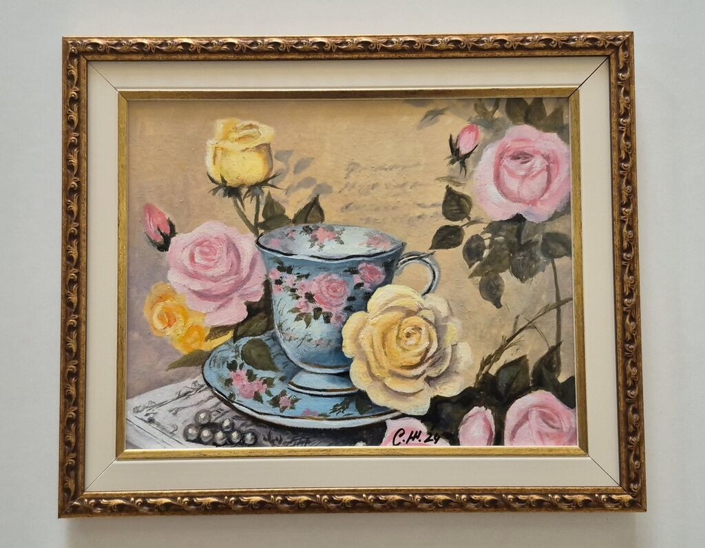 Oil on canvas - Cup and flowers, beautiful painting