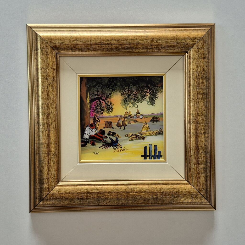 Naiva, oil on glass - Blanket in the village - Rare