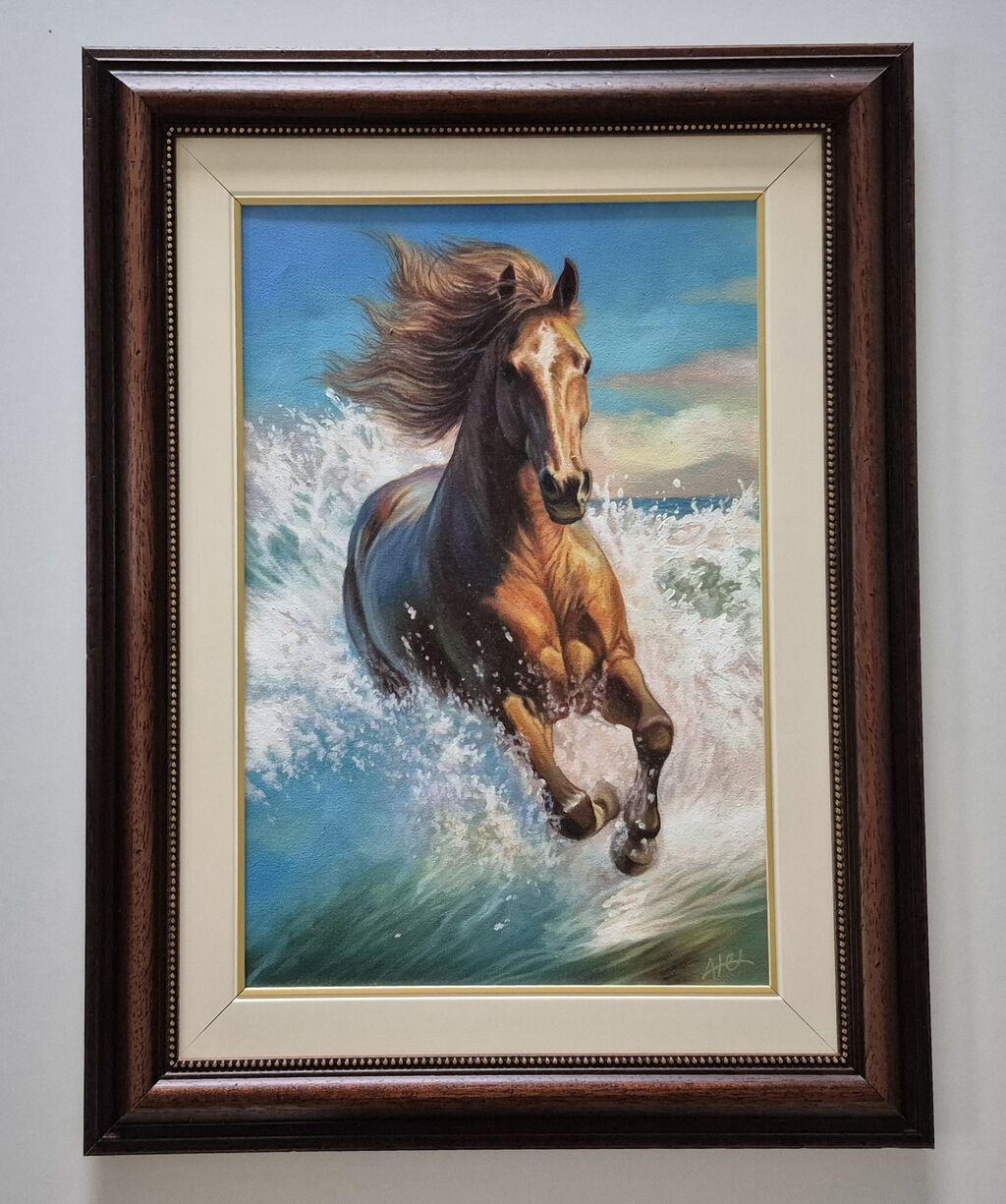 Oil on canvas - Trotting horse, beautiful painting