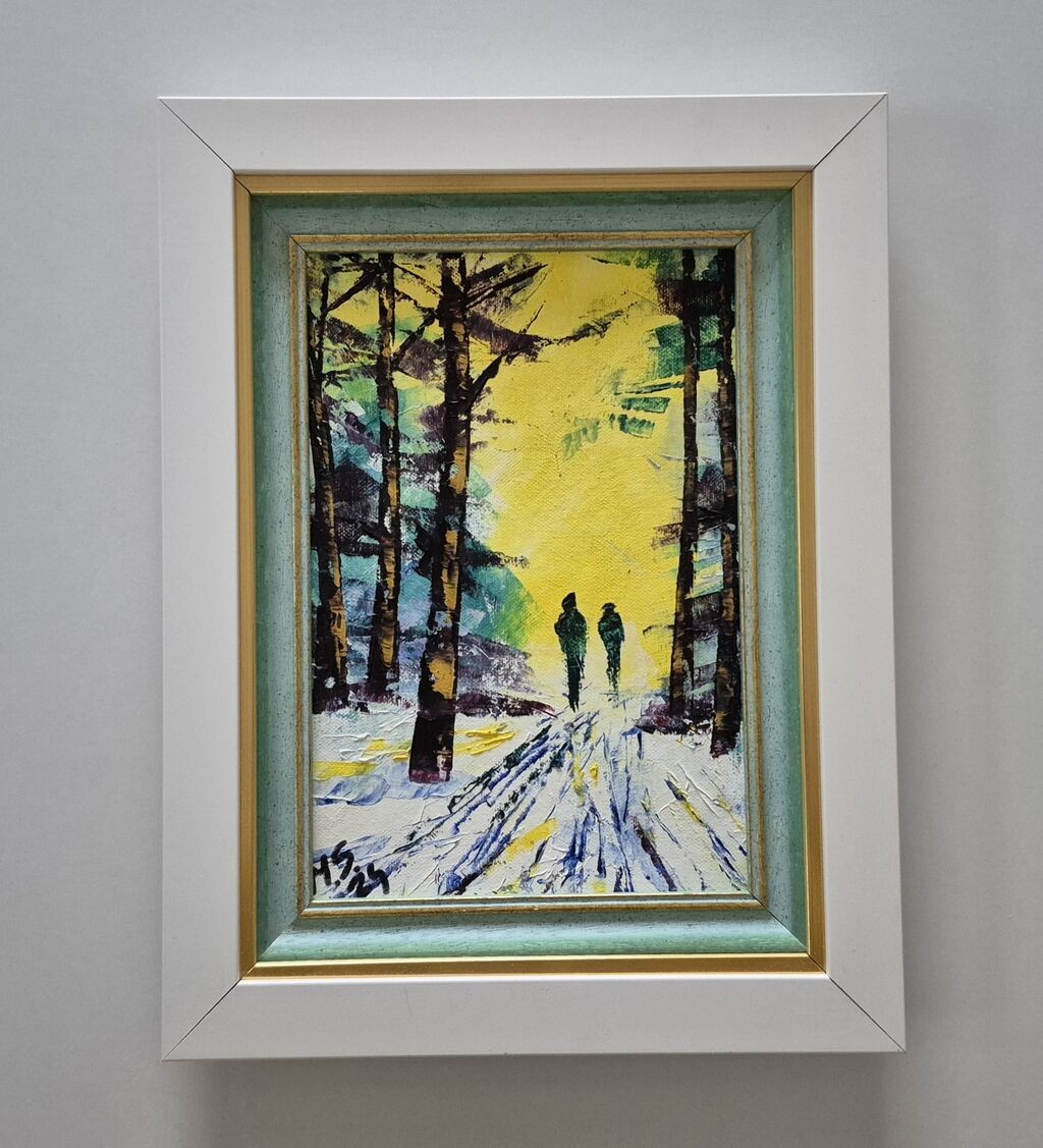 Oil on canvas - Walking at dusk, beautiful