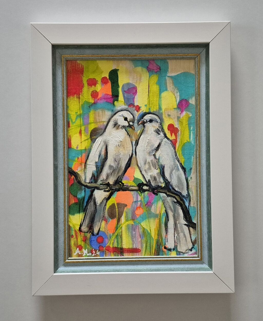 Oil on canvas - Happy pigeons, beautiful