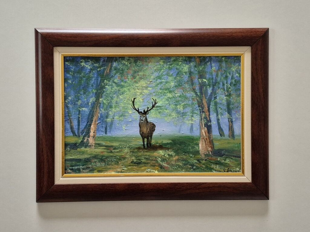 Oil on cardboard - Deer in the forest