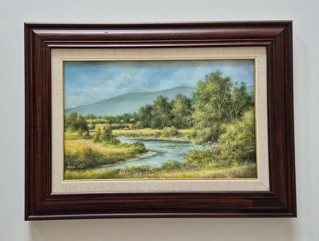Oil on canvas - Little cabin by the river, beautiful