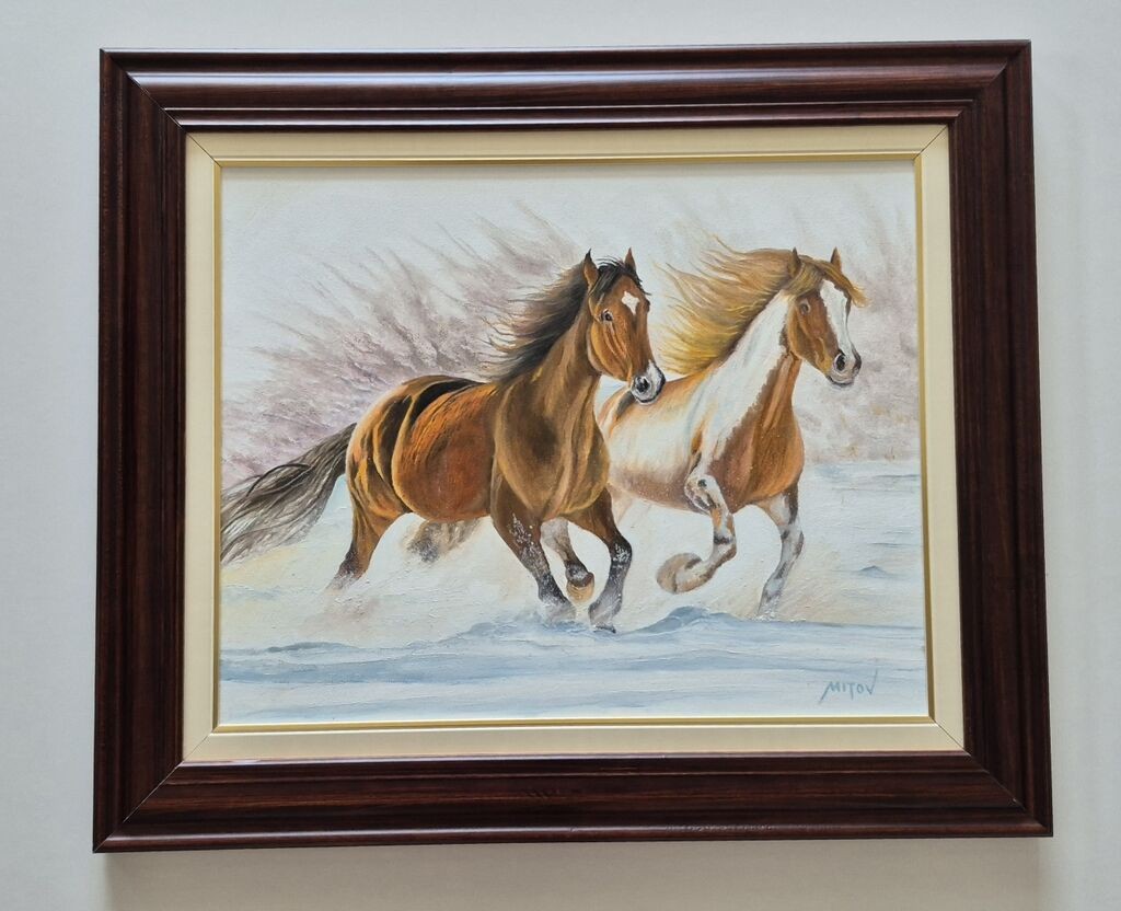 Oil on canvas - Horses in a race, beautiful picture
