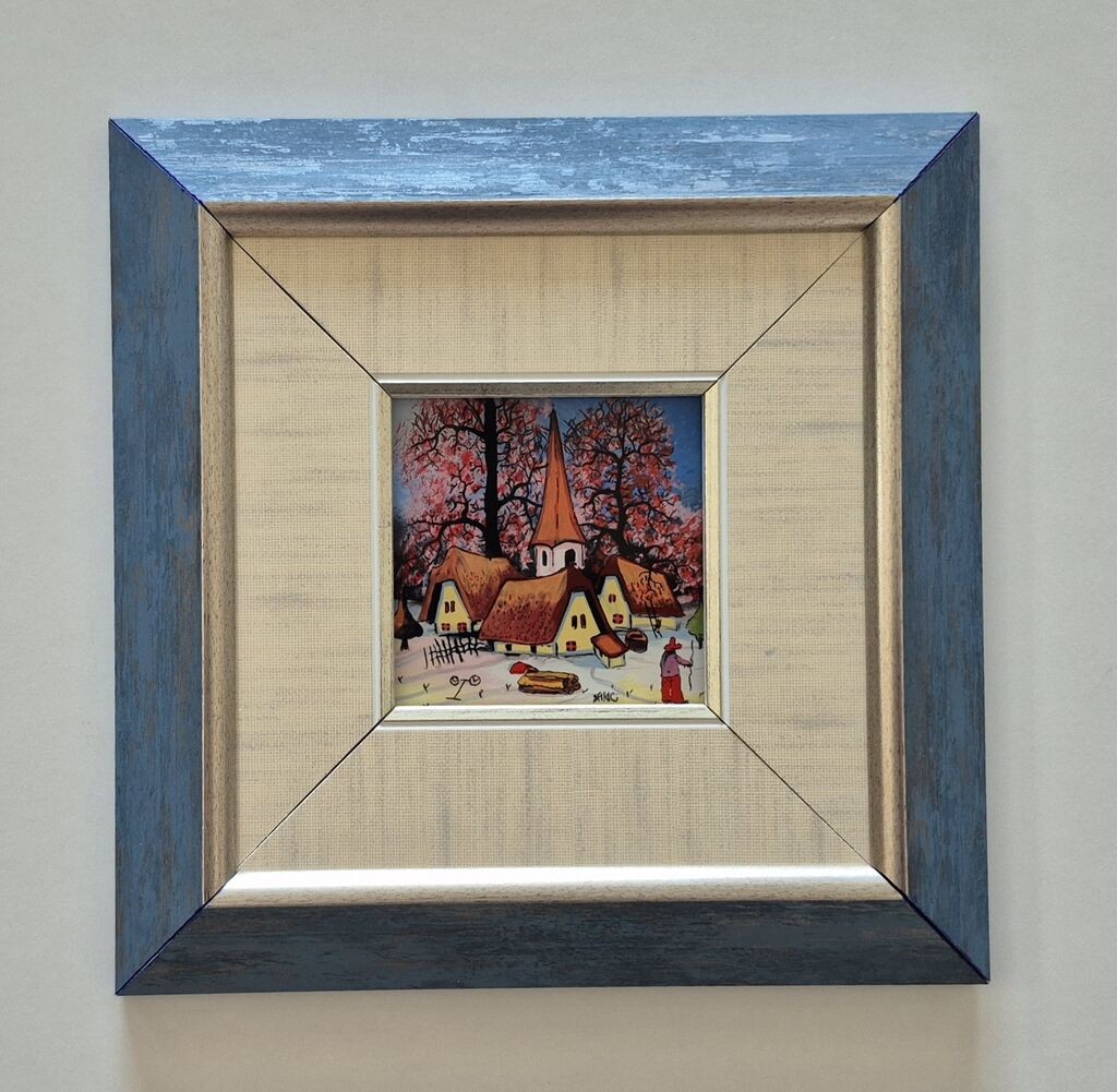 Naiva, oil on glass - Small village - Miniature