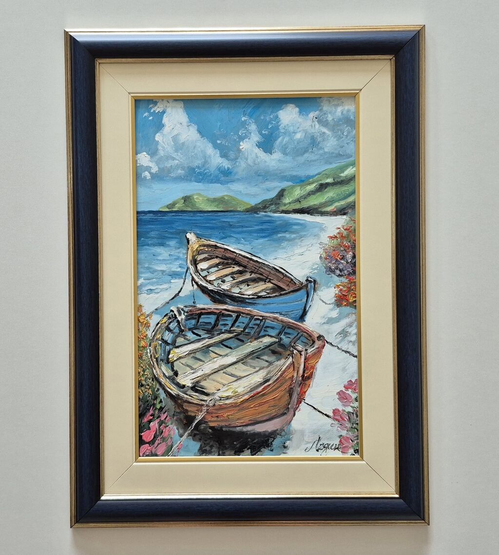Oil on board - Two boats by the sea, a beautiful picture