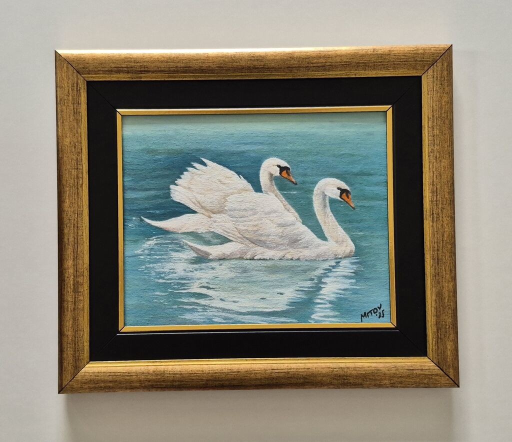Oil on canvas - Two swans, a beautiful picture