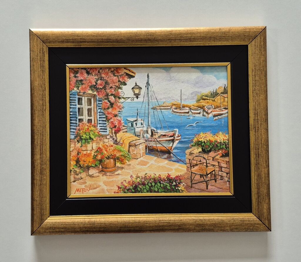Oil on canvas - Boat along the coast, beautiful picture
