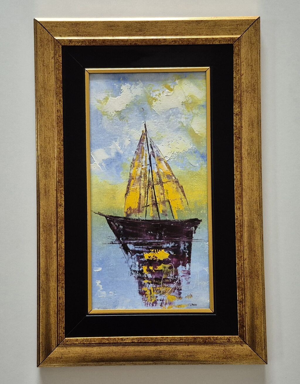 Oil on canvas - A ship sails by the sea, beautiful