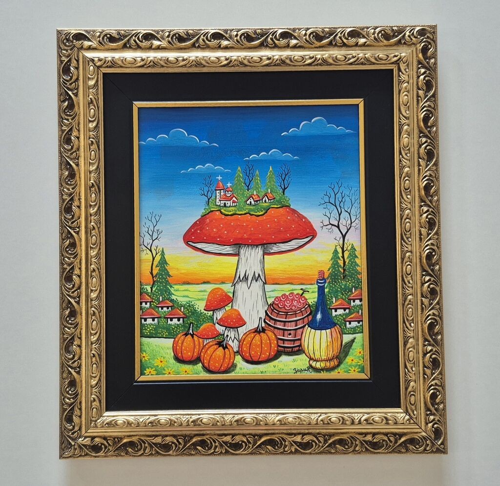 Naiva, oil on canvas - Mushroom and village, beautiful