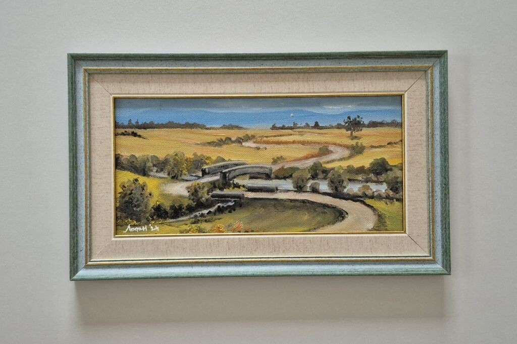 Oil on hardboard - A bridge in a field, a beautiful picture